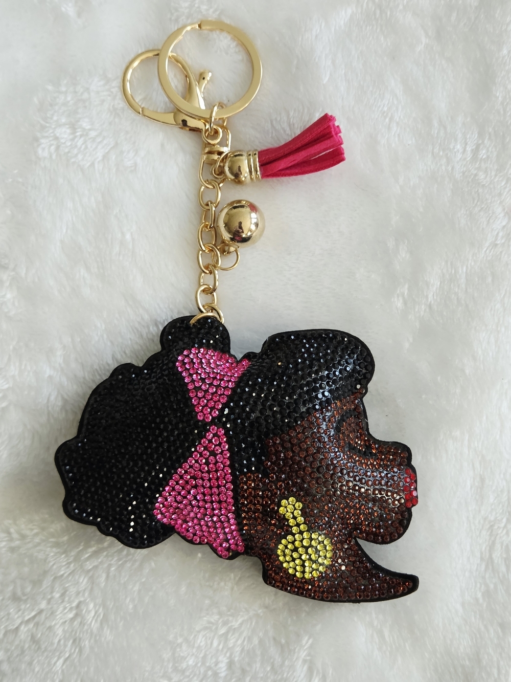 Chic African American Rhinestone Black Afro Pink Headband Keychain Bag Charm